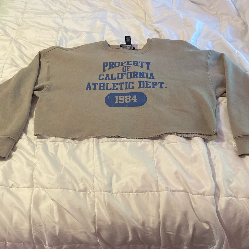 Grey cropped sweater with Blue lettering